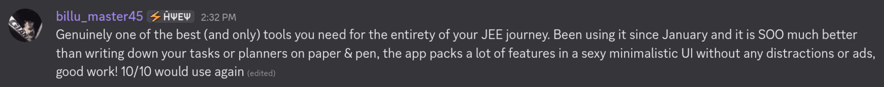 Discord testimonial from billu_master45