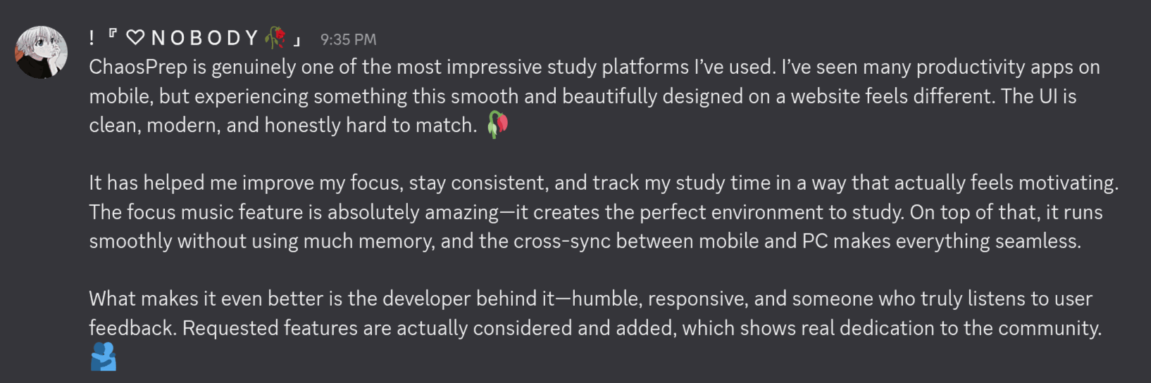 Discord testimonial from NOBODY